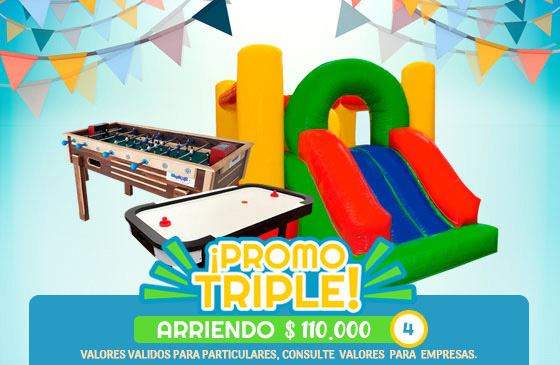 Promo Triple: Castillo inglable, mesa de hockey y taca taca